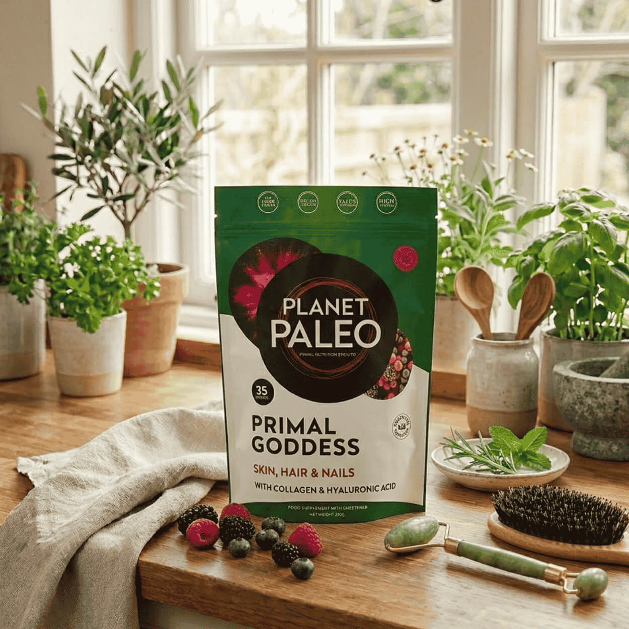 Balení Planet Paleo Primal Goddess vedle růžového kolagenového nápoje a směsi červeného a tmavého bobulového ovoce.